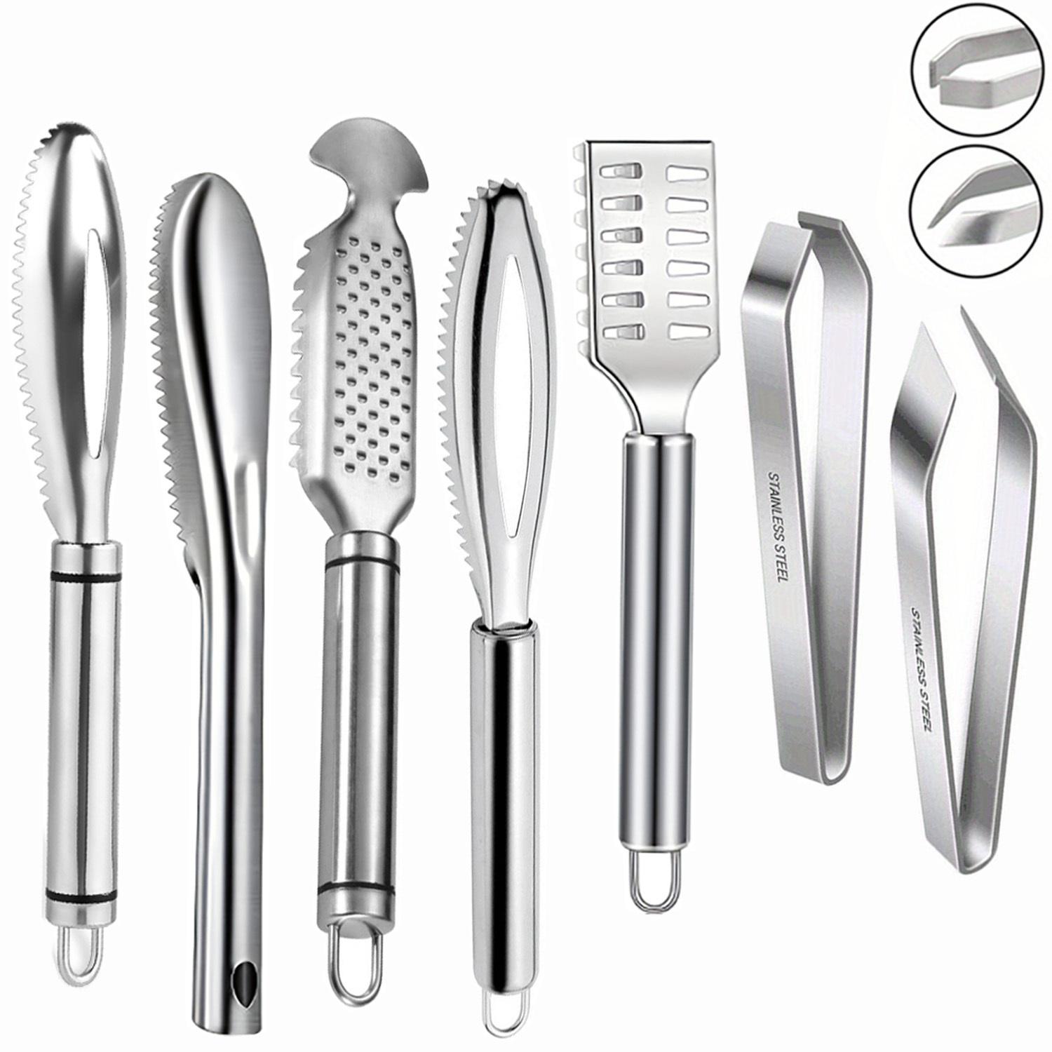 E-shop 7-teiliges Fischschuppen-Entferner-Set, bestehend aus einer Edelstahlbürste, einem Schuppenentferner, einer Pinzette für Fischgräten und einem