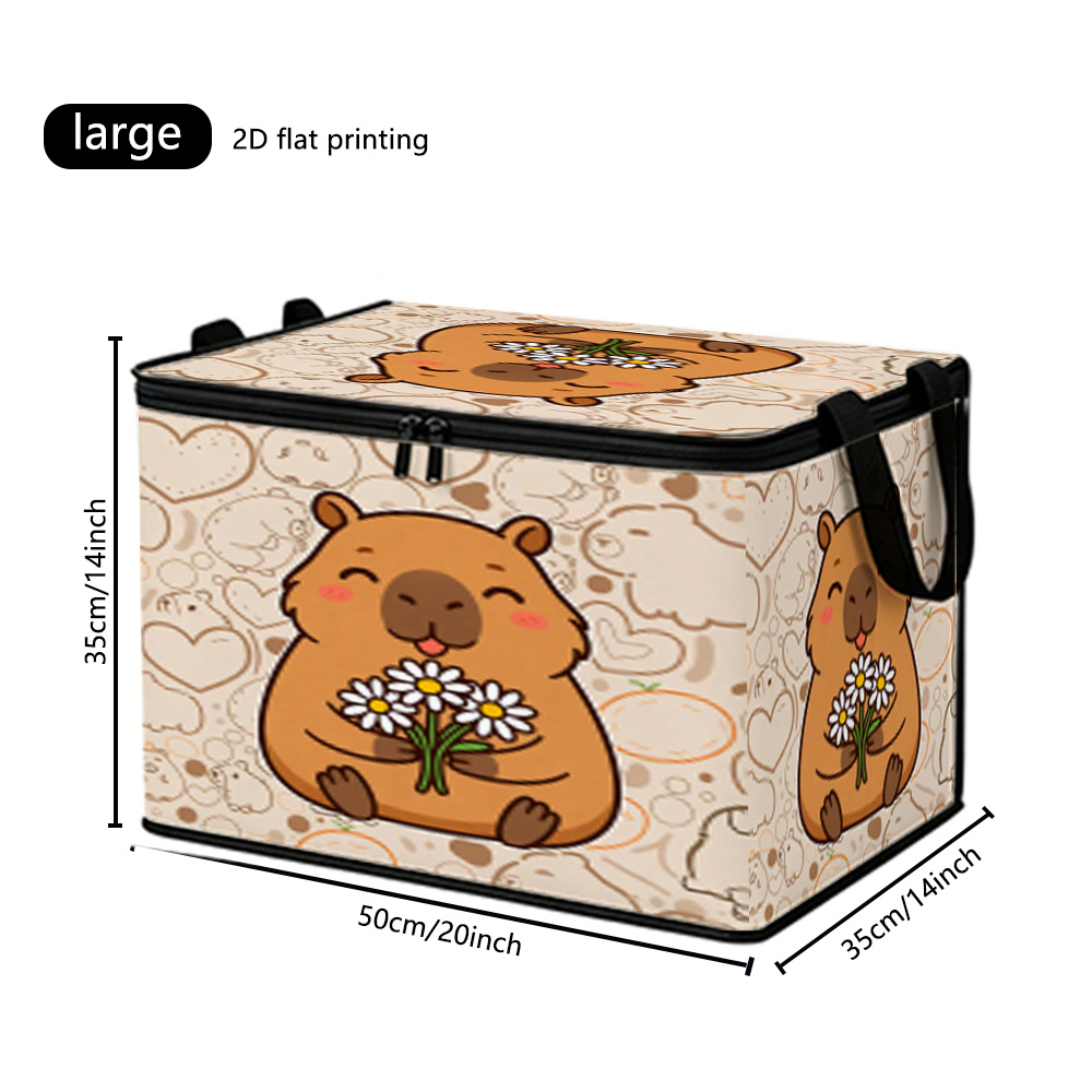 TEMU Foldable Storage Box With Adorable Capybara Holding White Daisies, Cute Cartoon Design, Dual Zipper, For Home, Dorm, Outdoor Camping,