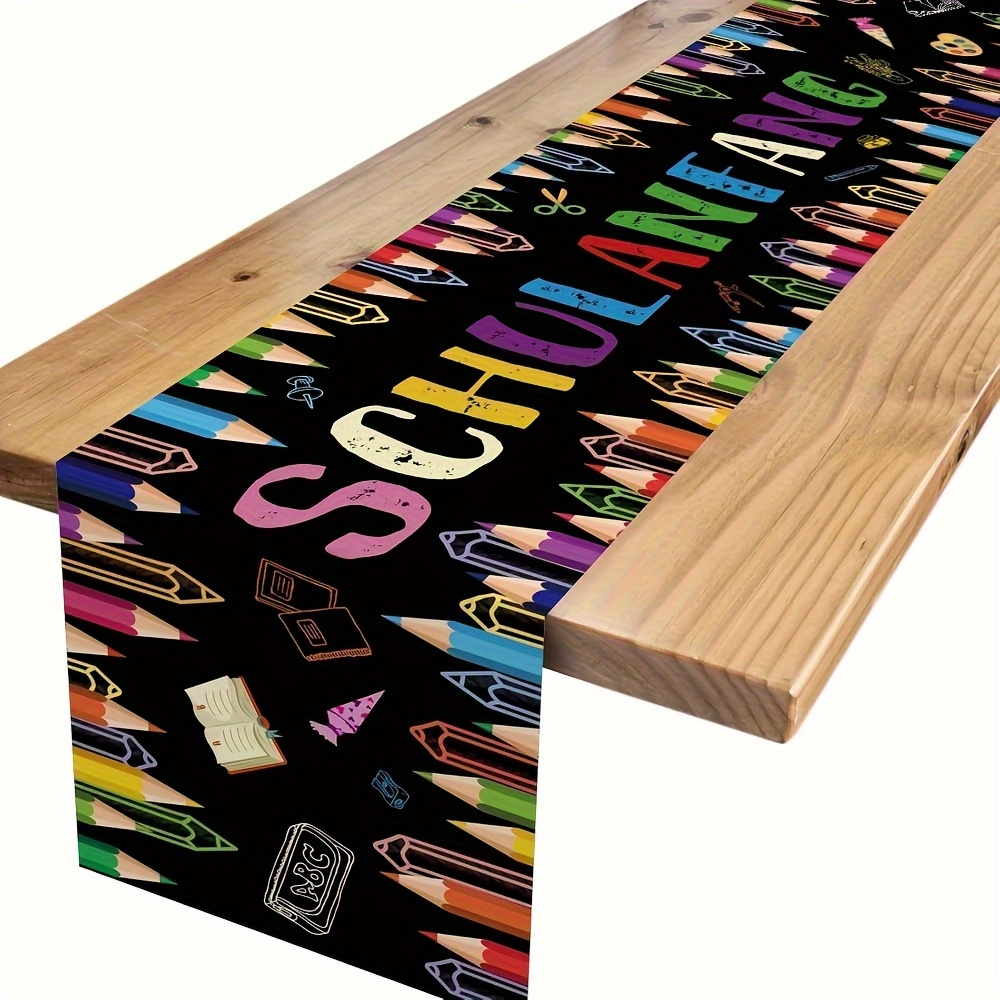 TEMU School-themed Table Runner With Colorful Pencils & Books Design - Durable Polyester, Easy To Care For, Back-to-school, Office Parties, Classroom