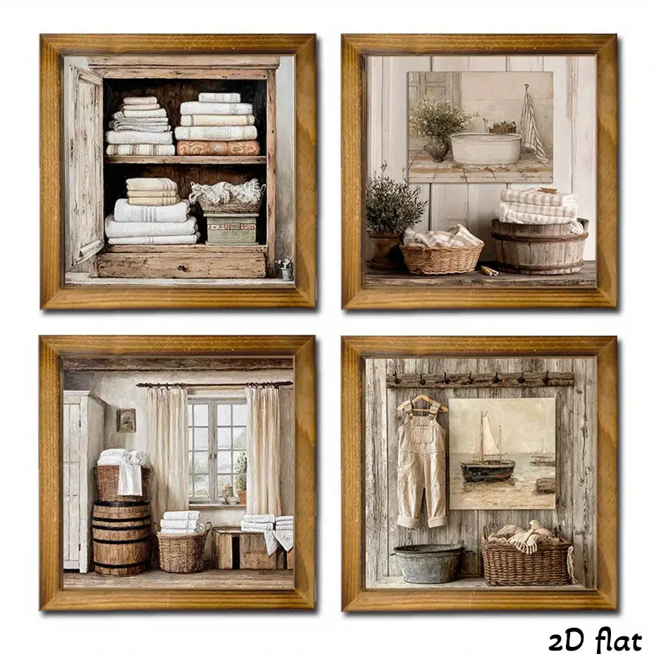 TEMU 2d Flat - 2d/flat - Set Of 4 Wooden Framed Wall Art Measuring 7.87x7.87 Inches – Rustic Farmhouse Laundry Basket Decor, Hanging In Modern Living