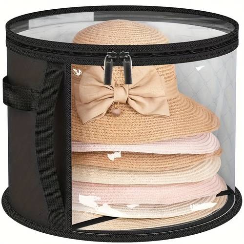 durable foldable hat storage box with reinforced handle double zipper and strap lightweight portable suitable for cowboy hats sun hats beach hats clothes and commuting accessories black non woven fabric no print suitable for