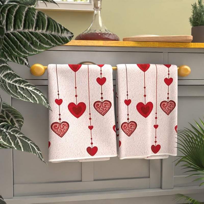 

2pcs Red Heart Pattern Polyester Dish Towels, Super Soft, Woven Kitchen & Bathroom Towels, Contemporary Style, Machine Washable, For Home Decor & Gifting