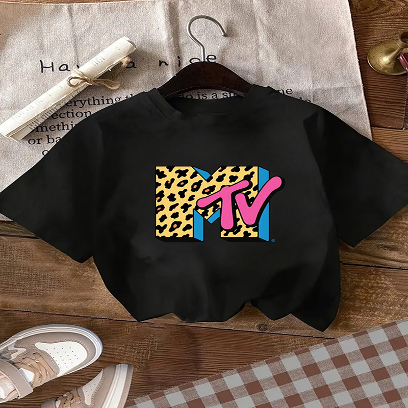 

Valentine's Day Style 1pc Women's Trendy Mtv Printed Casual T-shirt, Featuring Leopard Print Combined With Fashionable Letters, Black Short Sleeves.