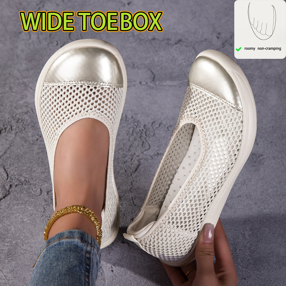 Image of Women's Wide-toe-box Mesh Slip-on Shoes With Breathable Upper. Cushioned Sole For , Anti-slip Outsole For Safety On Surfaces. Perfect For Commuting, Shopping, And Home Use ., Women Shoes