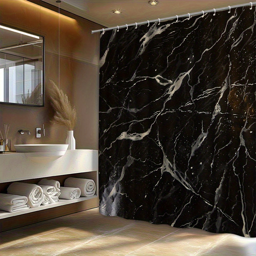 TEMU 1pc Black Marble Texture Pattern Printed Shower Curtain, High-end Elegant Bathroom Curtain, Suitable For Home Decor, With 12pcs Hooks Polyester