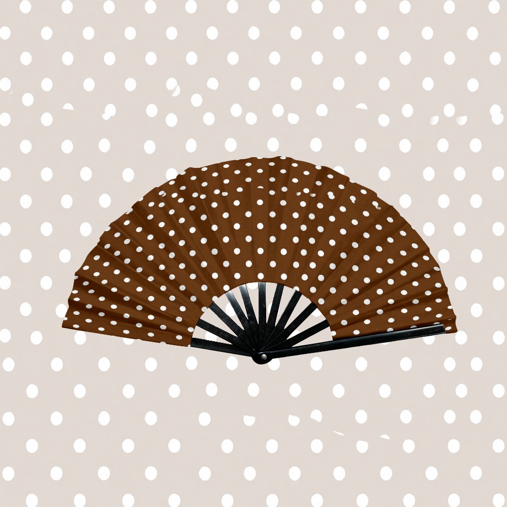 TEMU White Polka Dots On Brown Background Printed Design Handheld Folding Fan, 1pc, Lightweight And Portable, Perfect For Summer Parties, Halloween,