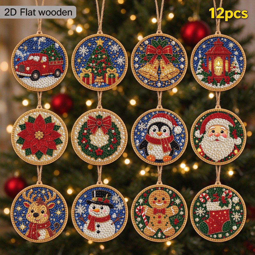 TEMU 2d Flat, 2d Flat Wooden Diy Diamond Painting Christmas Ornaments, 12pcs Christmas Hanging Ornament Kit, Santa Snowman Reindeer Vintage Truck
