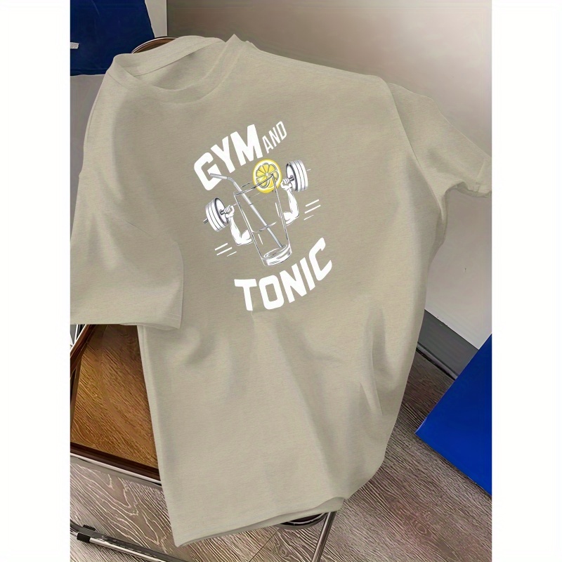 

Gym & Tonic" Men's Casual Tee - Lightweight, Comfy Polyester Crew Neck T-shirt With Geometric Print For Summer, Barbell, Short Sleeve