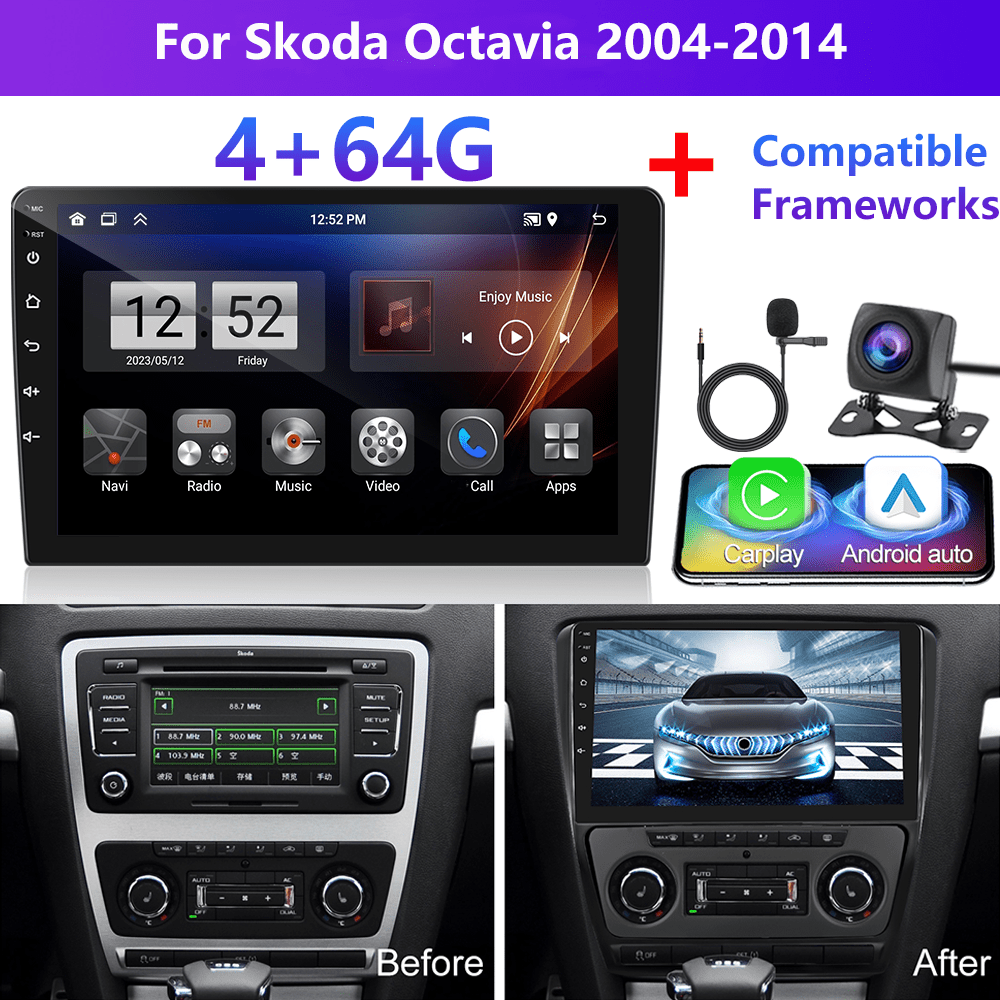 Image of [4+64g] Podofo 15 Car Stereo For Octavia 2004-2014 Double Din Radio, 10.1 Inch 1280p Ips Touch Screen Radio Auto Car Radio Fm/ Rds/ 32eq Wireless Gps Wifi Swc+mic, Ahd Backup Cam, Without Battery