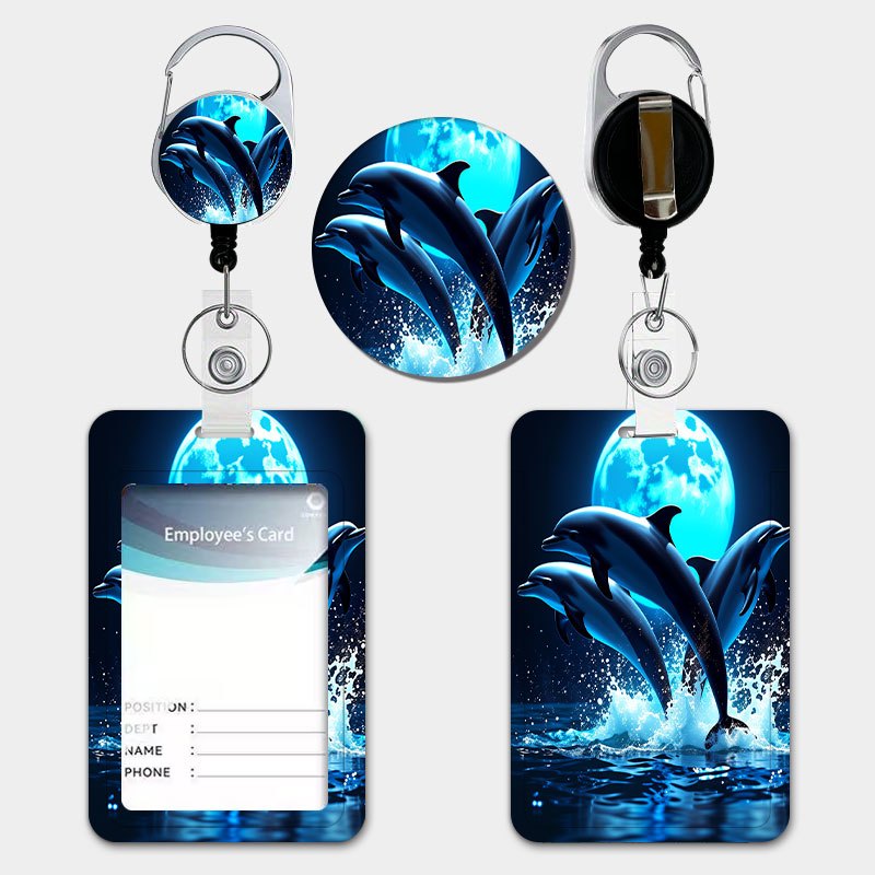 TEMU Dolphin Leaping Blue Ocean Themed Pattern Id Card Holder For Women, With Pull-tab Retractable Lanyard And Keychain, Durable Plastic Card Holder.