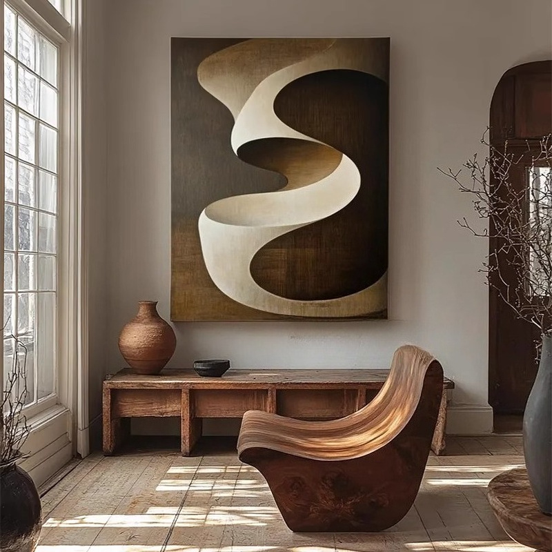 100% Hand-Painted Oil Painting, Beige Abstract Art Hanging Painting, Large Homestay Mural, Japanese-Style Decorative Painting, Modern Wall Decoration, Suitable for Home, Office, Living Room, Bedroom, Corridor, Cafe, Bar, Hotel