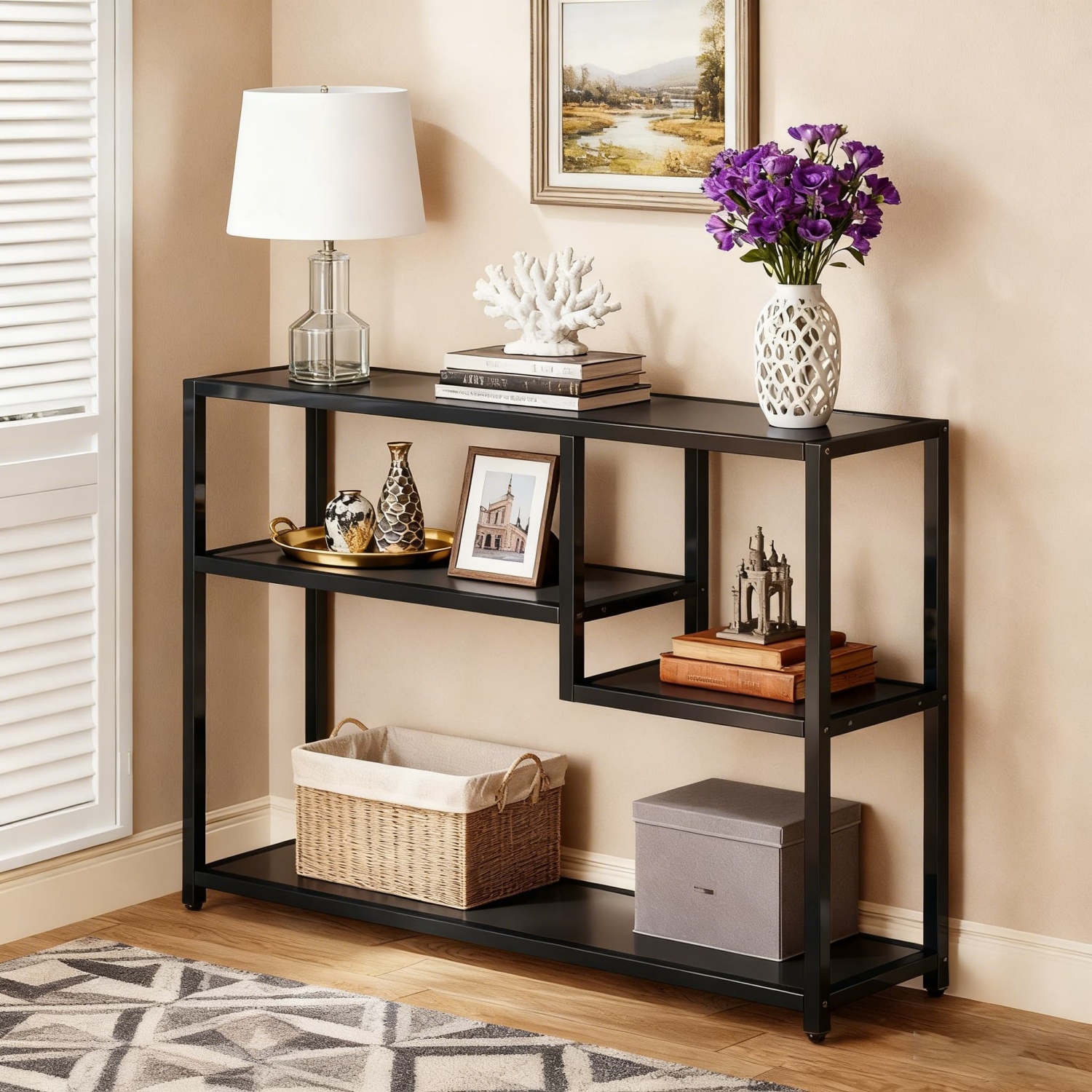43-inch Modern Console Table With Shelves, Entryway Stand, Couch Table Behind Sofa, Small Tv Stand And Hallway Furniture For Living Room, Entrance, Black