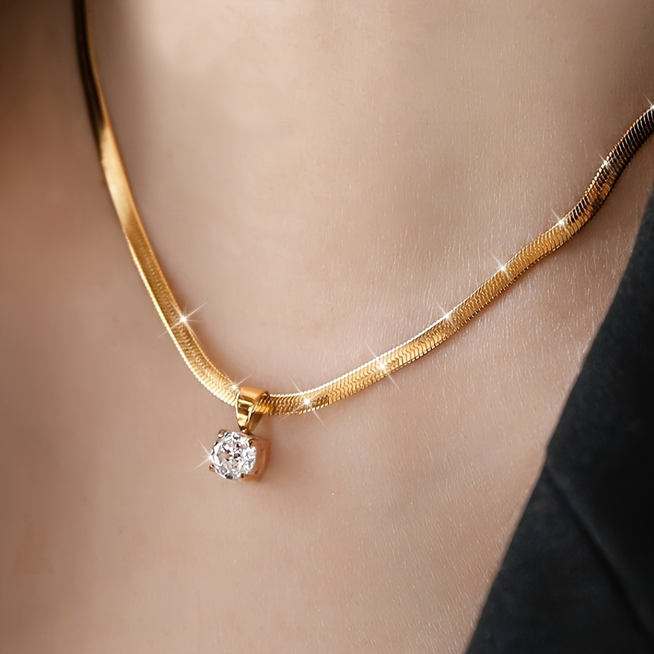 TEMU Style 1: Steel 18k Gold-plated Light Luxury Ultra-sparkly Geometric Synthetic Zirconia Inlaid Necklace For Women, Color-retaining Flat Snake