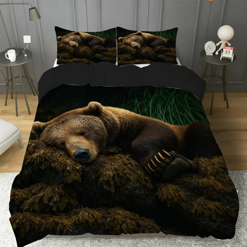 TEMU 3pcs A Bear Sleeping On A Rock Print Duvet Cover Set, The Set Includes (one Duvet Cover And 2 Pillowcases) Without Duvet Insert | Very Suitable