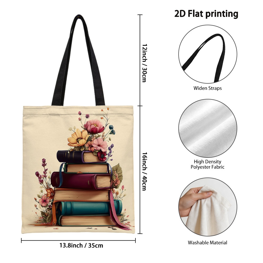 TEMU 1pc Books With Floral Arrangement Printed Canvas Shoulder Tote Bag, Unisex Reusable Grocery Bags With , Durable Handbag Perfect For Shopping,