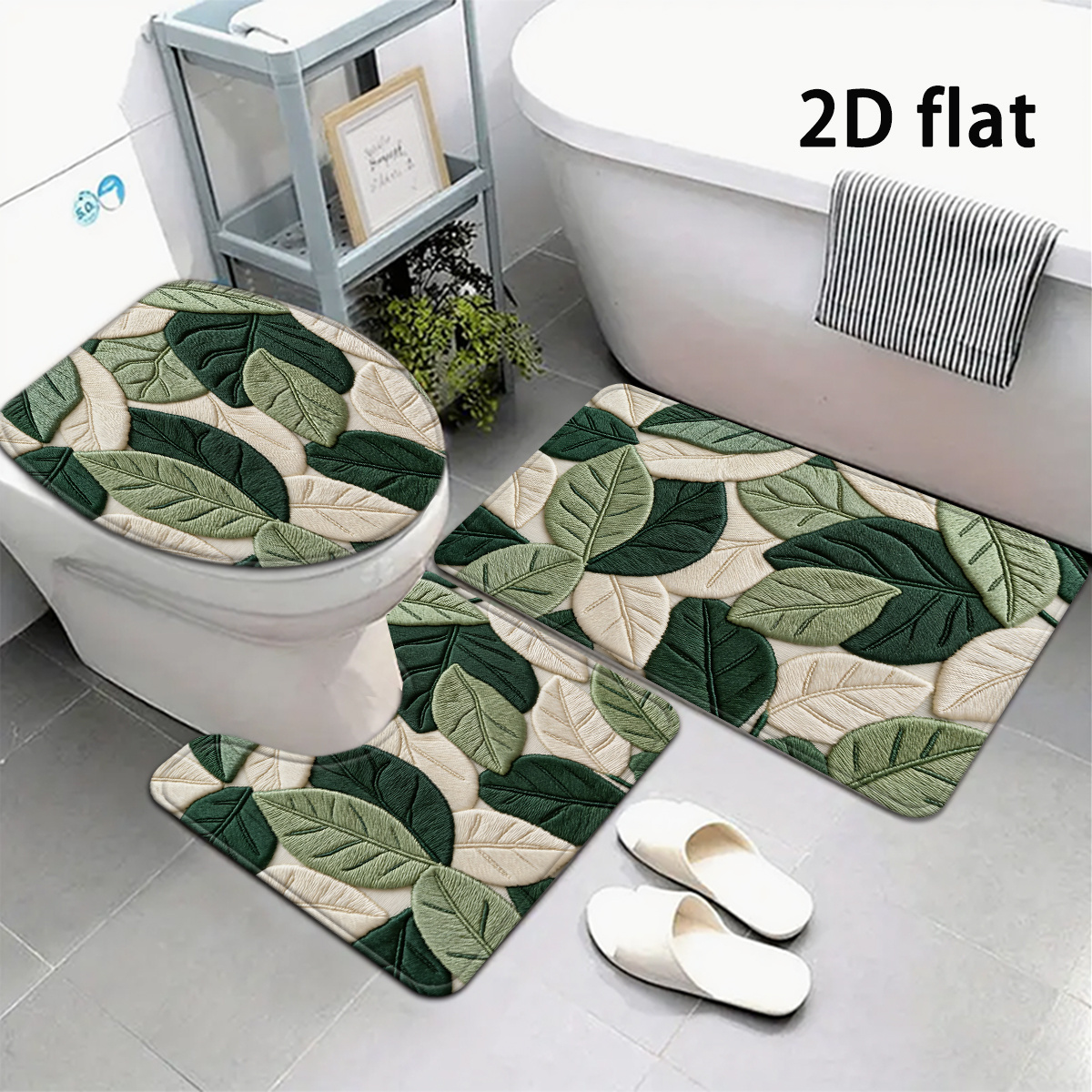 TEMU 2d Flat, 2d Flat Printing 3pcs Green Leaf Bathroom Mat Set, Style, Includes Toilet Lid Cover And Rug, U-shaped Foot Mat For Bathroom Decor, 2d