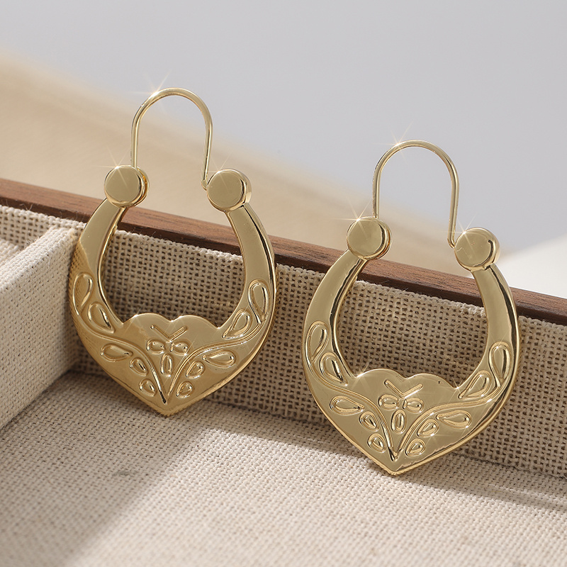 Vintage Copper Hand Carved Bow Pattern Earrings, Elegant Golden Hoop Style