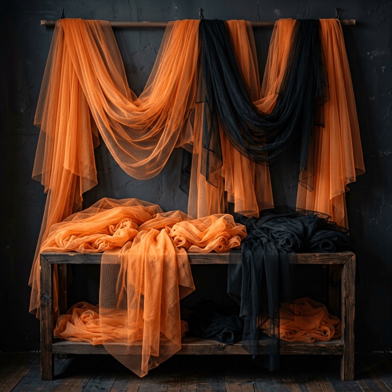 TEMU 2pcs Black And Orange Tulle Craft Fabric, High-elastic Sheer Mesh Gauze, Flowing And Drapey Festive Atmosphere Decoration Scarf, Durable And