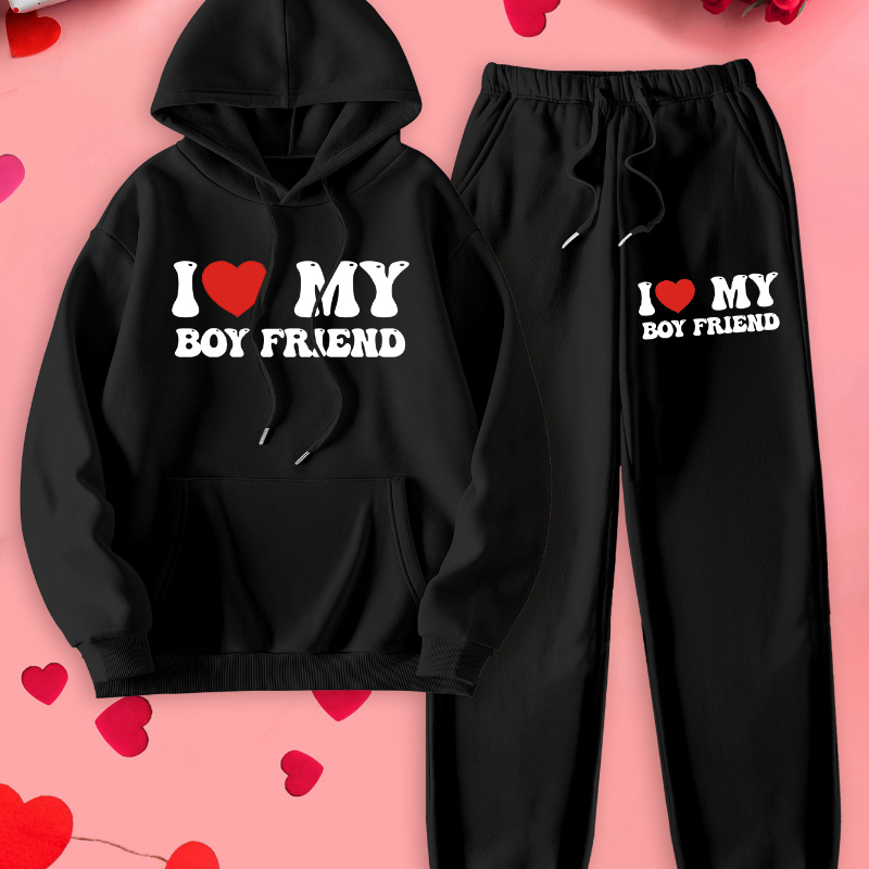 

1 Set Women's Valentine's Day Casual Hoodie And Sweatpants Loungewear, "i Love My Boyfriend" Print, Polyester Knit Fabric With Stretch, Hooded Collar, Pocket Detail, Fall/winter Collection