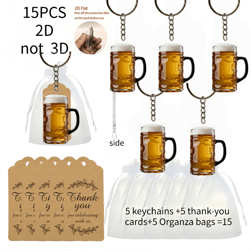 TEMU 2D Plat - 15 porte-clés mignons avec motif de mugs de bière, porte-clés multifonctionnels amusants avec design plat 2D en acrylique, décorations