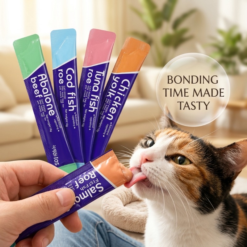 100pcs cat snacks one weighing 0 56oz 16g cat fattening nutrition strip 20 mixed cat strips in each of five flavors chicken egg yolk salmon fish roe cod fish roe abalone beef   roe Product details 9