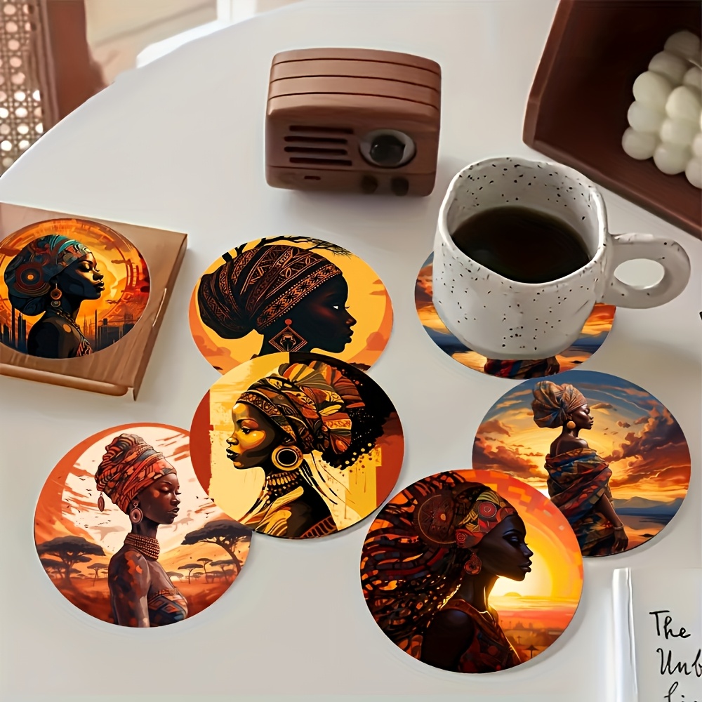 TEMU 6pcs Set Of Stylish African American Women Art Wooden Coasters - Heat-resistant, Non-slip, Durable Drink Mats For Home And Office Decor, Perfect