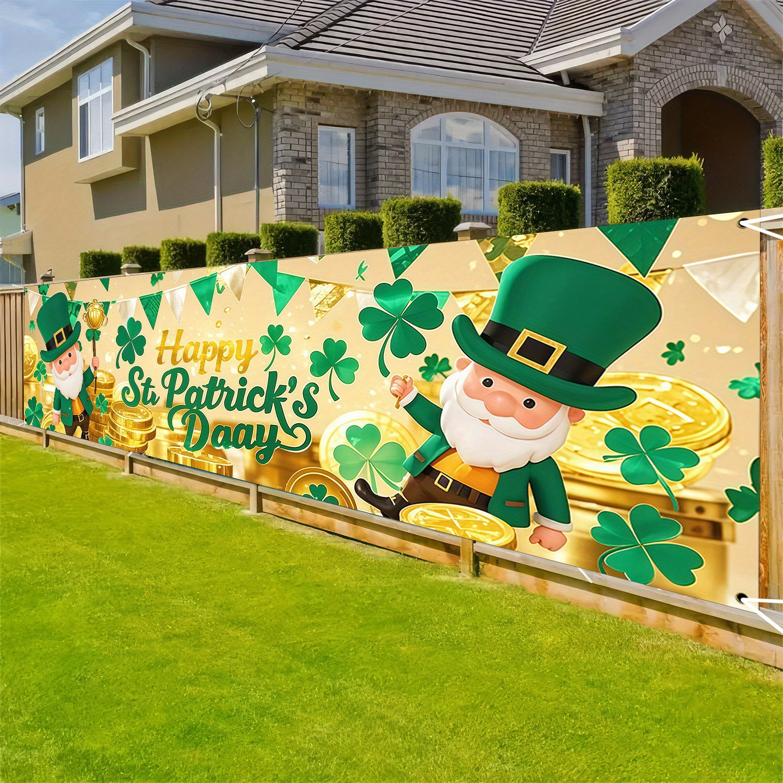 

1pc 's Day Polyester Banner (17x78 Inches/45x200 Cm) - Clover & With Irish Hat Design, Festive Farmhouse Outdoor Hanging Decor For Home & Garden, No Power Needed