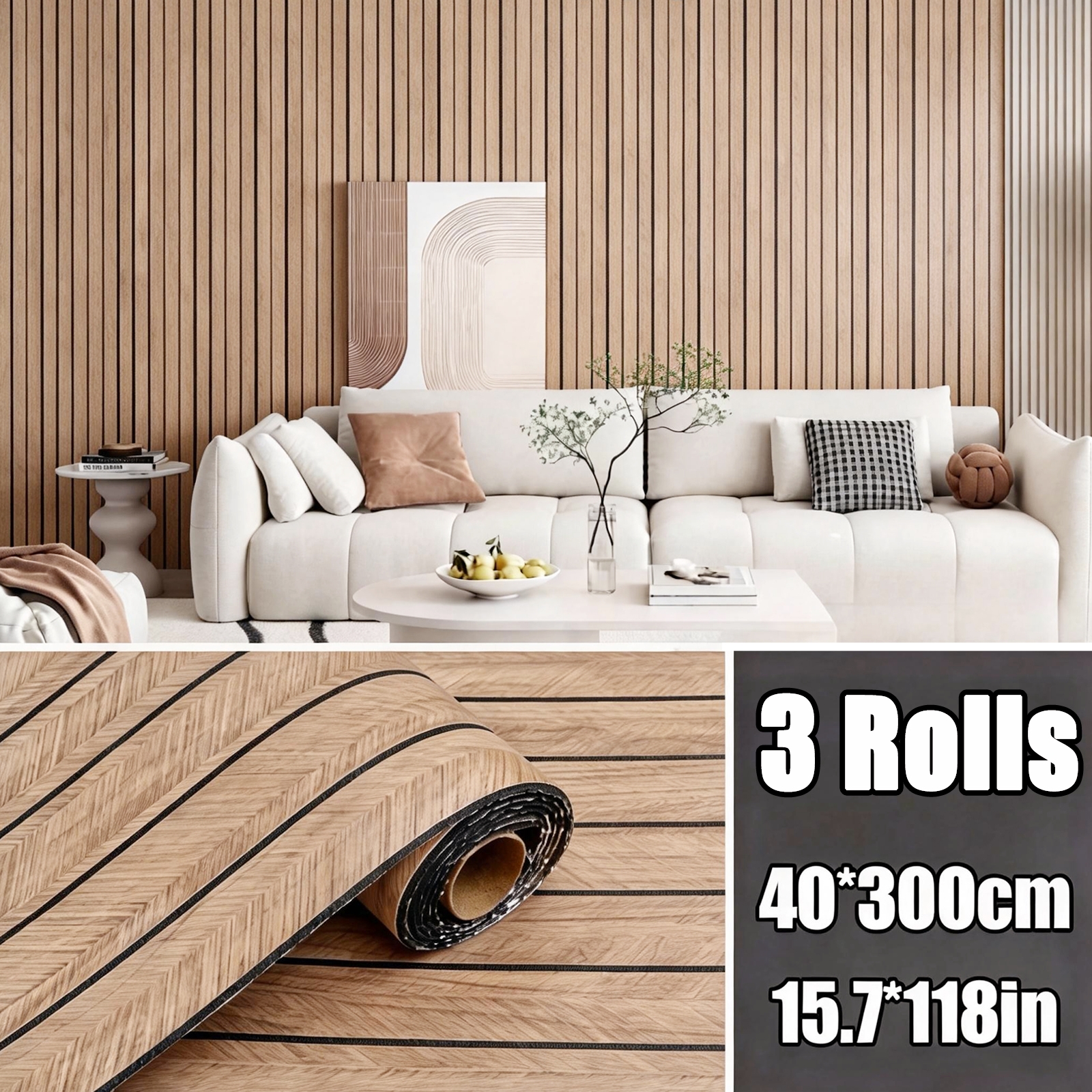 TEMU 3 rollos de pegatinas de pared gruesas con veta de madera, paneles de listones autoadhesivos, baldosas impermeables y resistentes a los arañazos