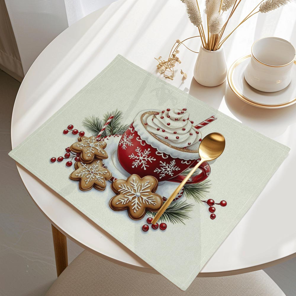 

4pcs Set Christmas Coffee Cup & Star Cookie Print Placemats - Stain & Heat Resistant, Machine Washable Polyester Table Mats For Holiday Dining Decor, Christmas, Kitchen Protection