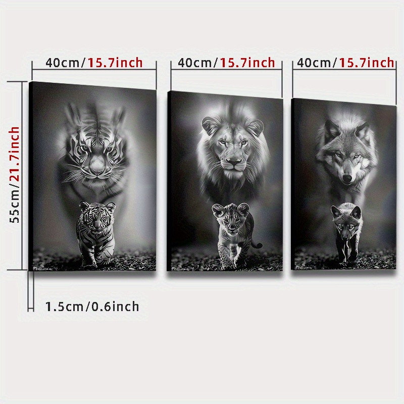 E-shop 2D flache, 3-teilige gerahmte Leinwanddrucke – -Wildtierporträts von Wolf, Tiger und Löwe – Hochauflösendes Tintenbild, Holzrahmen – Ideal für