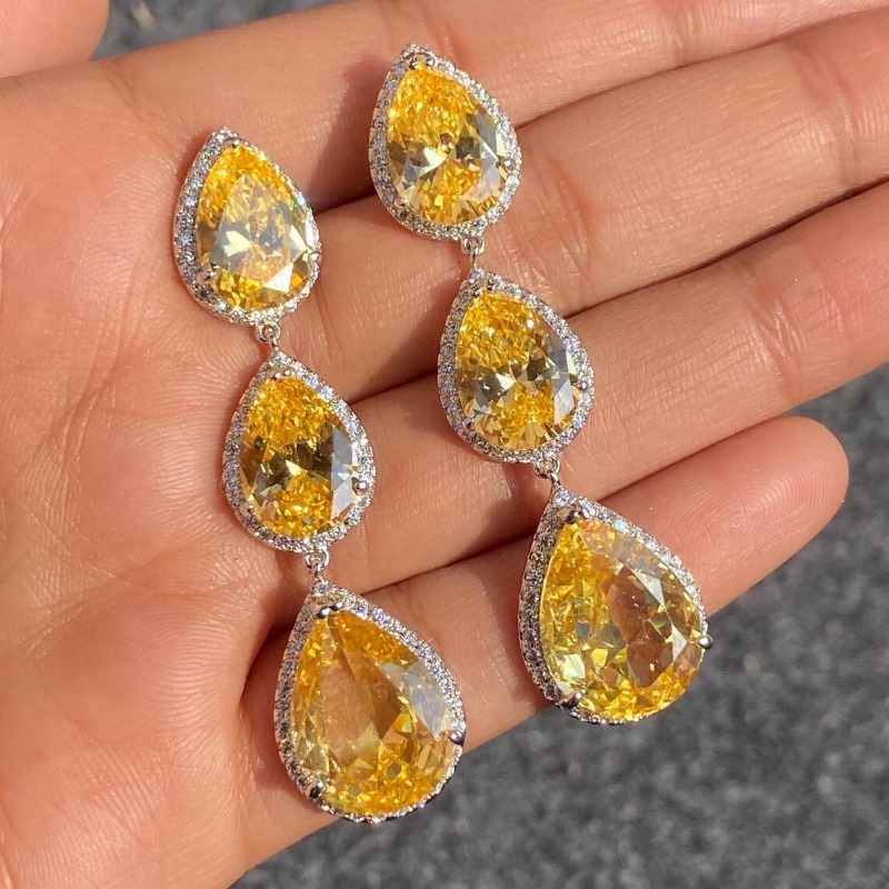 Luxury 3-Tier Teardrop Cut Yellow Zirconia Drop Earrings