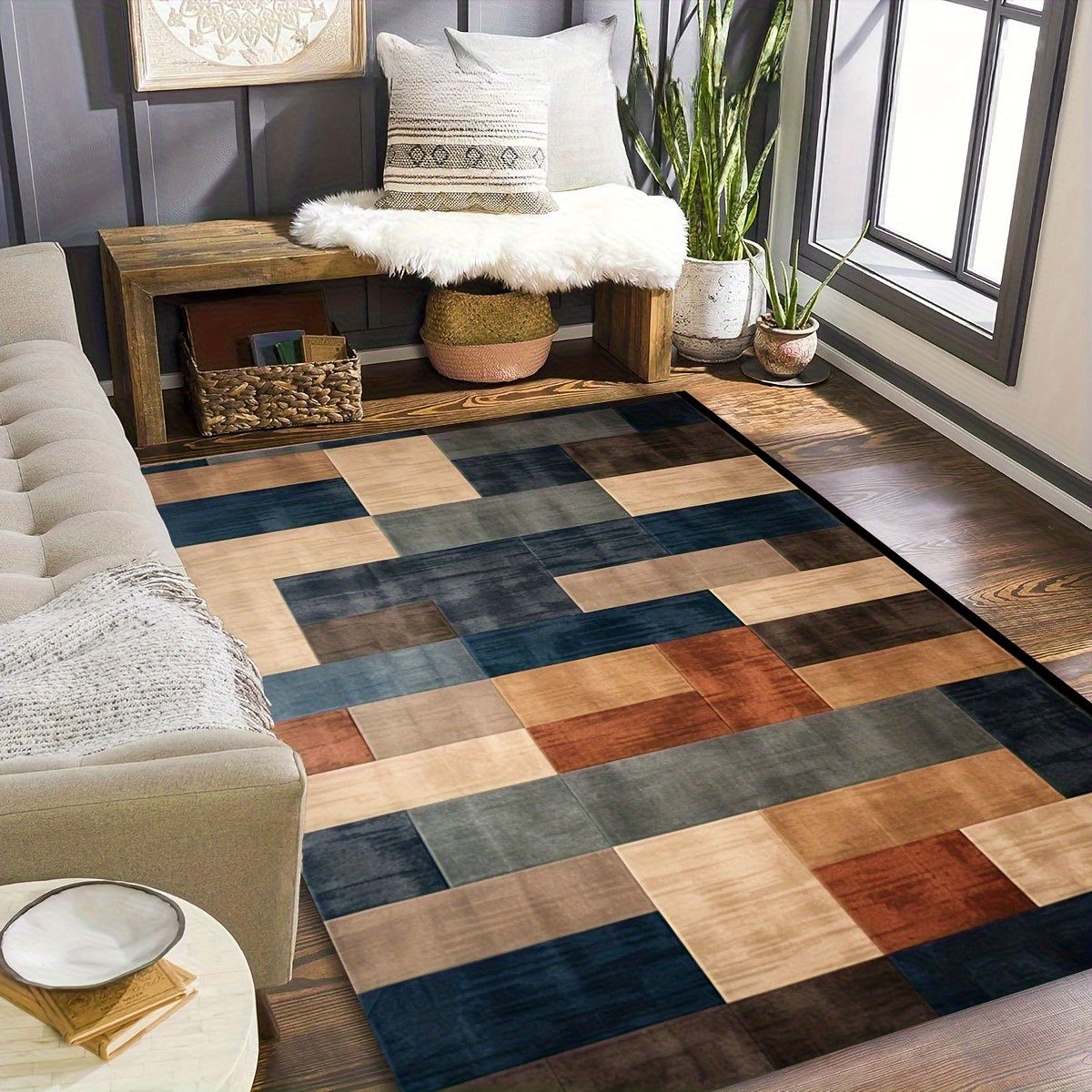 E-shop ., Mehrfarbiges Karomuster Patchwork Teppich, Wohnzimmer Sofateppich, Schlafzimmer Teppich, Diamant Samt Material 800G pro Großer Teppich,