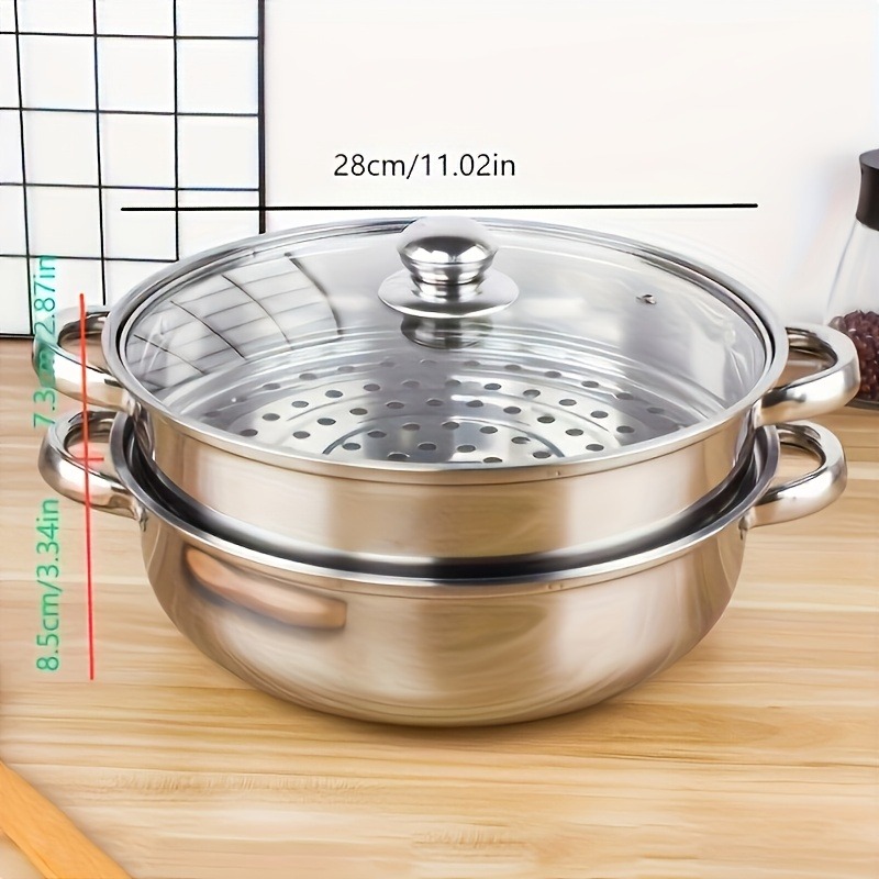 TEMU 1 Set Of Heavy-duty Thickened Stainless Steel Steamer And Soup Pot, With Lids And Heat-resistant Handles, -grade Cookware, Durable Cooking Pot