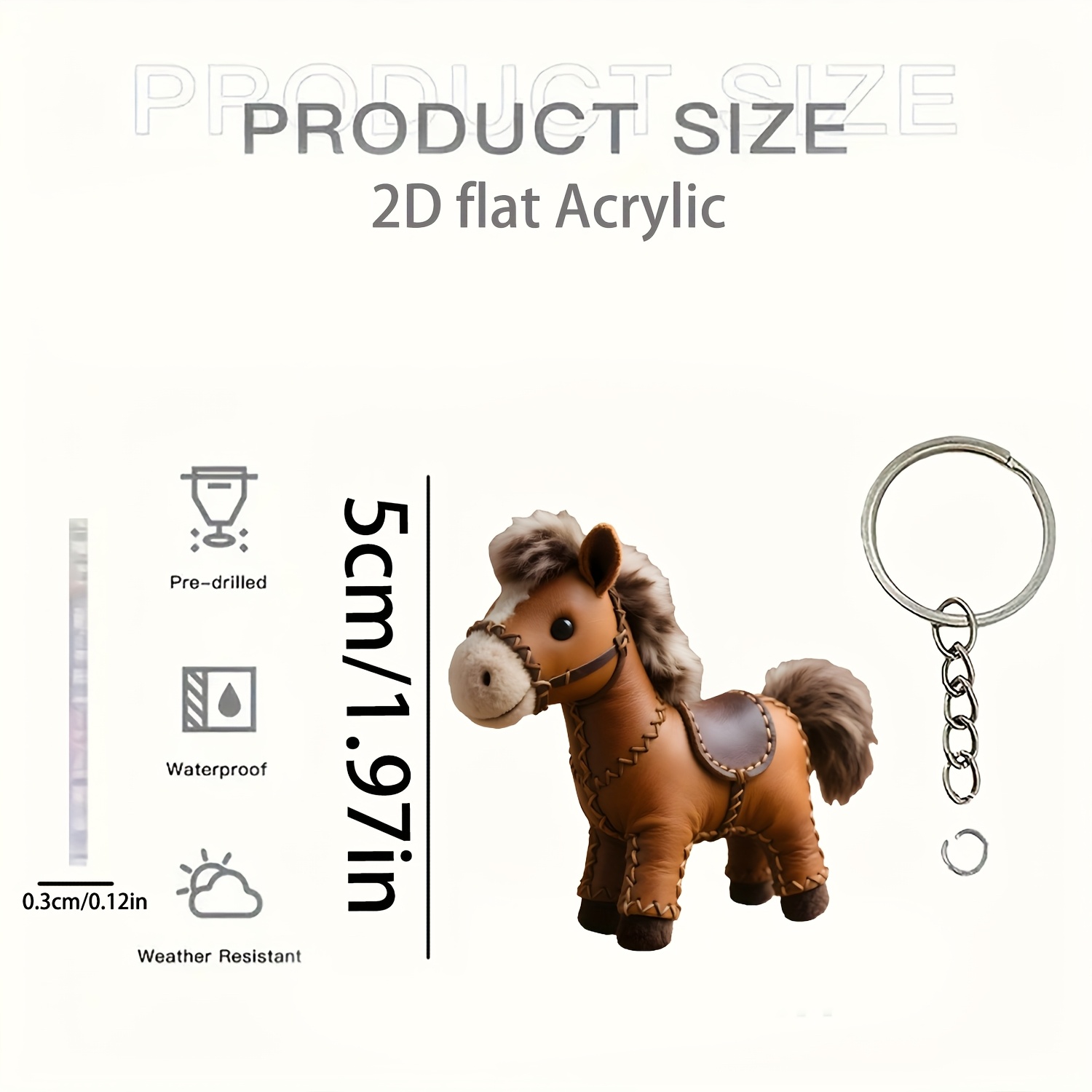 E-shop 2D Flach, 2D Flach Acryl Modischer Niedlicher Pony Schlüsselanhänger - Elegantes Braun & Pferd mit goldenen Akzenten, Robuste Eisenkette, für