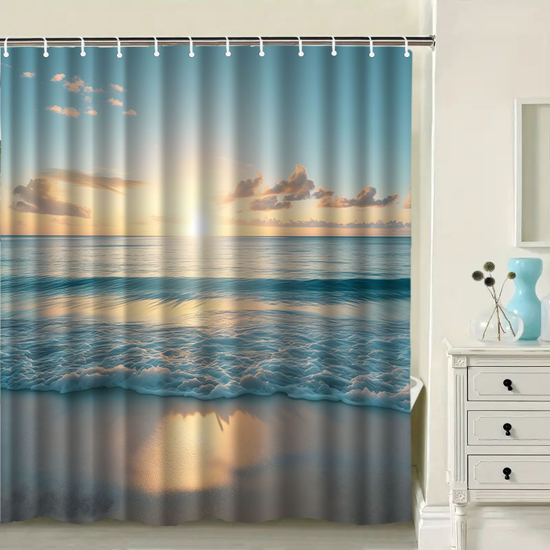Summer Beach Pattern Shower Curtain with Hook, Water-Washing