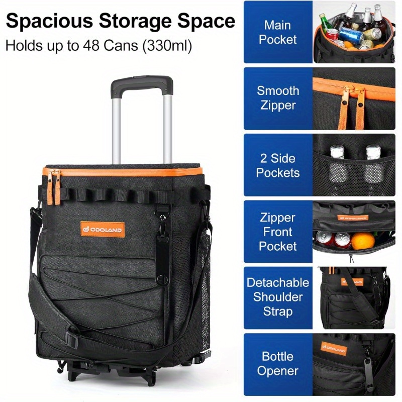 Odoland Heavy-Duty 48 Can Cooler with Wheels & Handle - Collapsible Ice Chest, Locking Wheels, Side Pockets - Portable Camping, Party, Tailgating Cooler for Outdoor, Grocery, Delivery - Holds 48 Cans/72 Bottles, Outdoor Cooling, Compact Design, Reinforced Fabric, Party Hosts