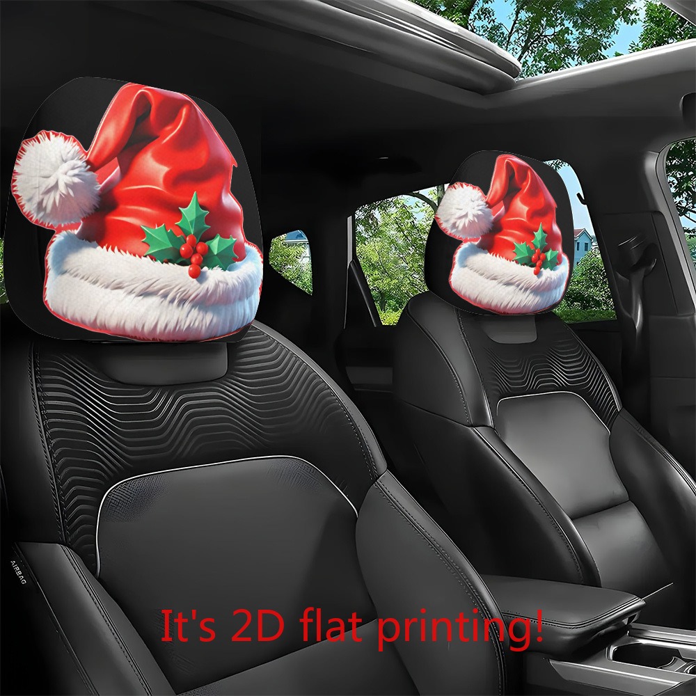 TEMU 2pcs Fit Christmas Car Headrest Covers Suitable For Vehicles, Washable Detachable Hat Print Headrest Protectors With , Modern Flat For Holiday