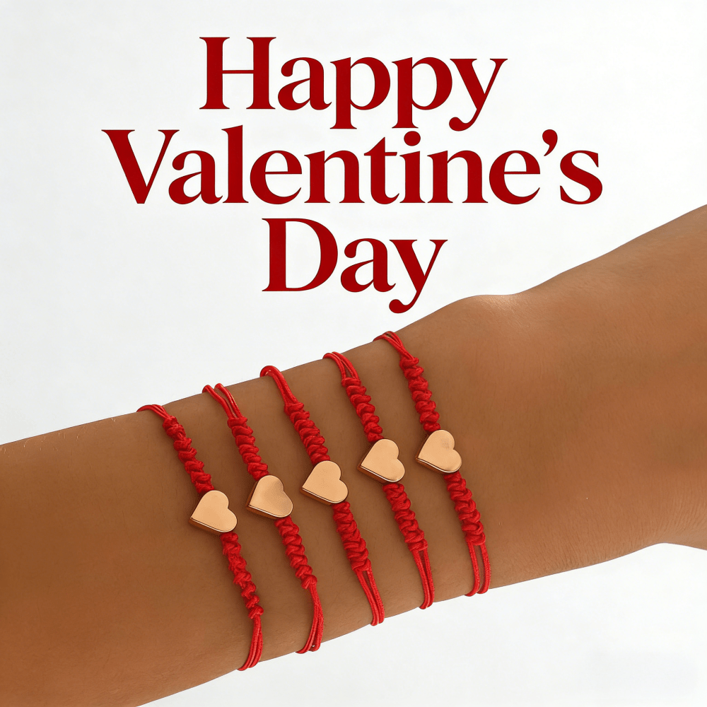 5pc Red Braided Heart Adjustable Friendship Bracelet Set