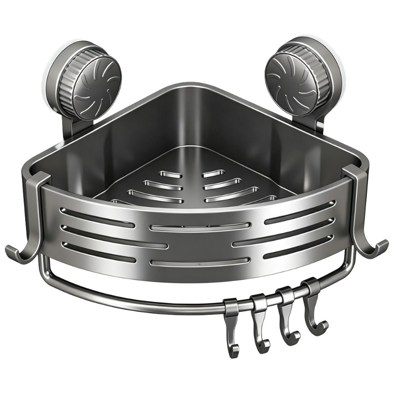 Space- Suction-cup Bathroom Storage Rack; No Drilling Required; Sturdy Triangular Frame With Hooks; Made Of Plastic; Suitable For Shower And Bathroom Walls/tiles; Multifunctional Storage Rack