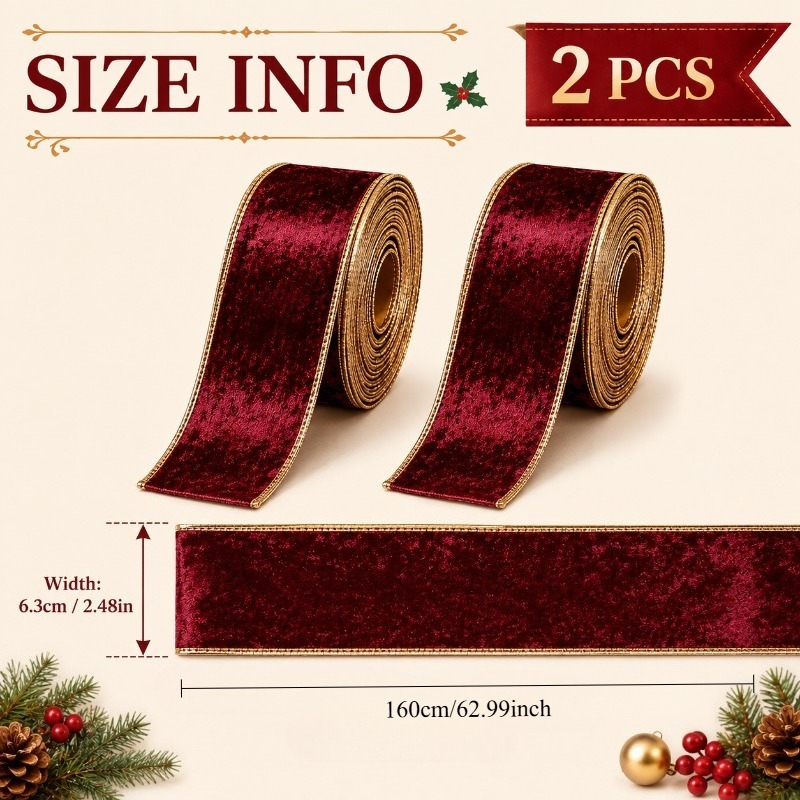 TEMU 2 Rollen 62.99inch Bordeauxrood Fluwelen Lint met Gouden Geverfde Geverde Rand - Luxe Zacht Geschikt voor Kerstboomversieringen,