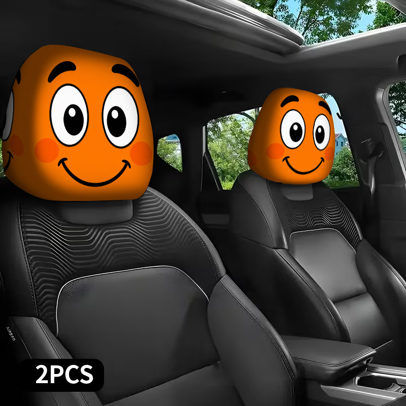 TEMU 2pcs Orange Happy Face With Big Eyes Car Headrest Covers 2d Cute Cartoon Style Soft Comfortable For Daily Driving Interior Decoration