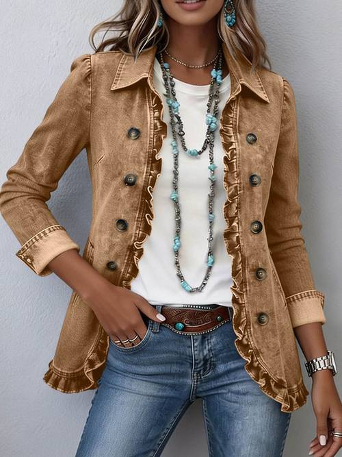 denim jacket for women 2026 ruffle trim button up vintage jean v neck long sleeve vintage western casual fall jean with pockets