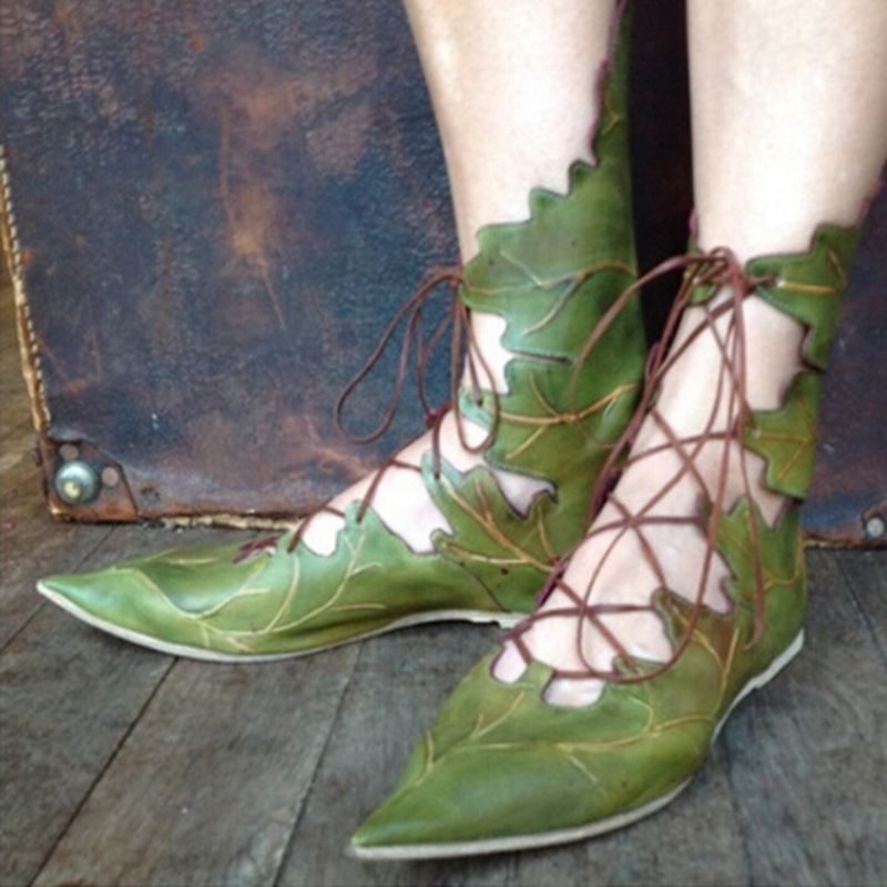 Image of Women's Pointed-toe Flat Ankle Boots, Casual Lace-up Flat Shoes For Women With Vintage Leaf Design, Women Shoes