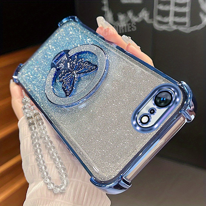 TEMU Phone Case - Luxury Folding Stand Holder For Iphone 16e, Along With A Clear Lanyard Chain Bracelet And A Gradient Glitter Plating Phone Case The