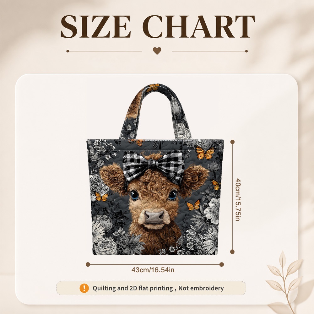 TEMU 2d Flat,1pc Highland Cow With Floral Bow Quilted Printed Travel Tote Bag, Spacious Lightweight Tote For Everyday Use, Fabric, Durable, Easy To