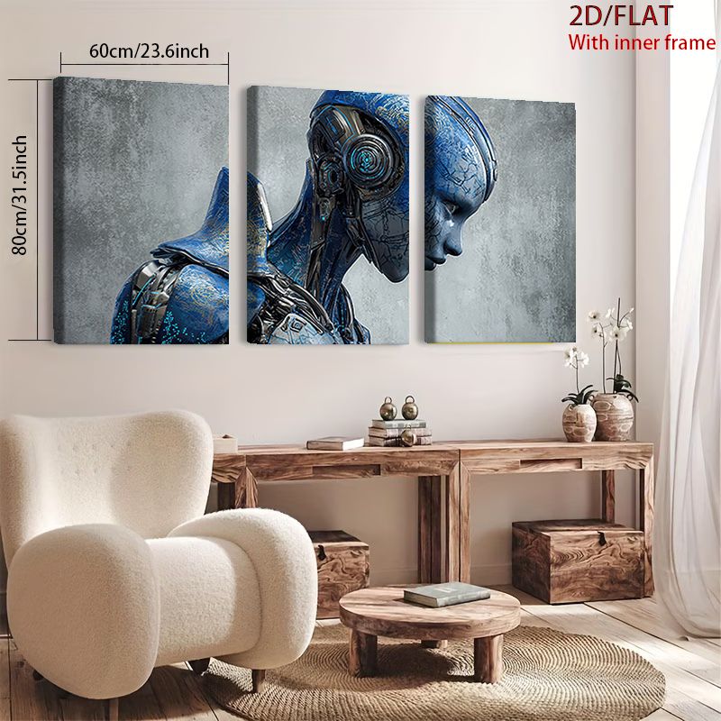 Combinación de arte en lienzo con marco de madera envuelto plano 2D, 2D plano, 2D/plano de 3 piezas, lienzo triptico de retrato de mecha de ciencia ficción azul, adecuado para la decoración de la sala de estar y el dormitorio, obra de arte de estilo industrial moderno, ideal para regalar en vacaciones, combinación de tendencias para el hogar occidental