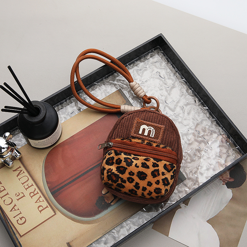 

1pc Leopard Print Corduroy Mini Wallet With Keychain For Women, Hand Washable Coin Purse With Strap