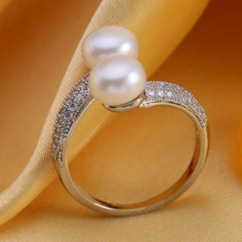Exquisite Adjustable Zirconia & Pearl Open Ring for Women