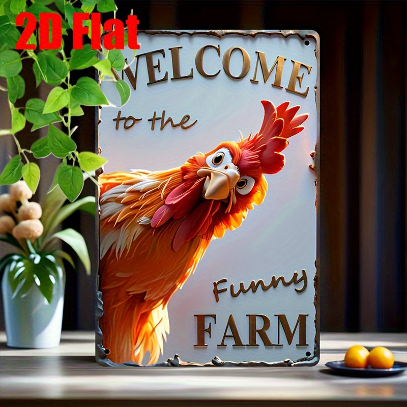 TEMU 2d Flat, "welcome To The " Humorous Rooster Metal Wall Art Sign - 12"x8" Rustic Aluminum Farmhouse Decor, Weather-resistant Indoor/outdoor Metal