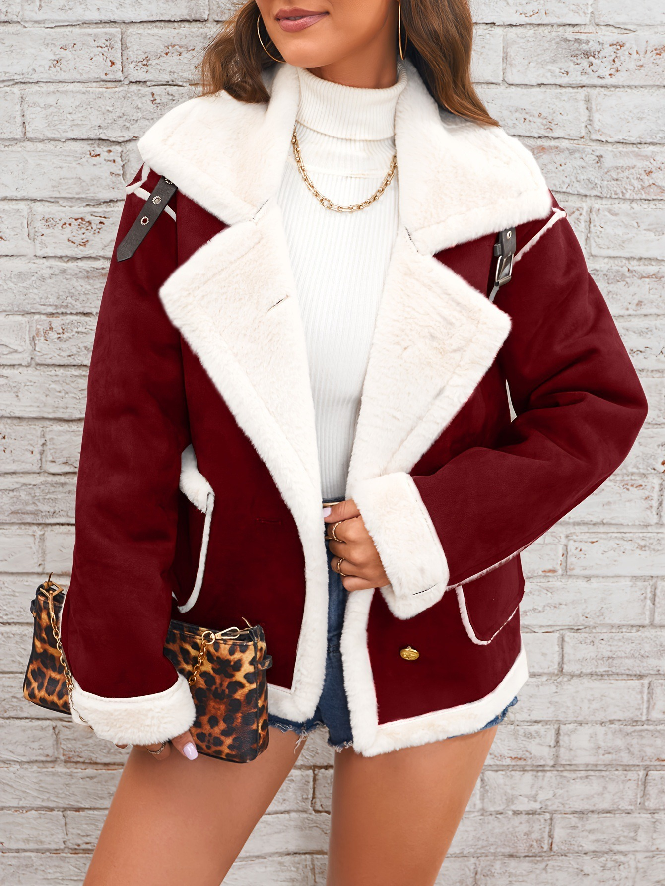 Womens Winter Jacket Plush Faux Fur Collar White Purple
